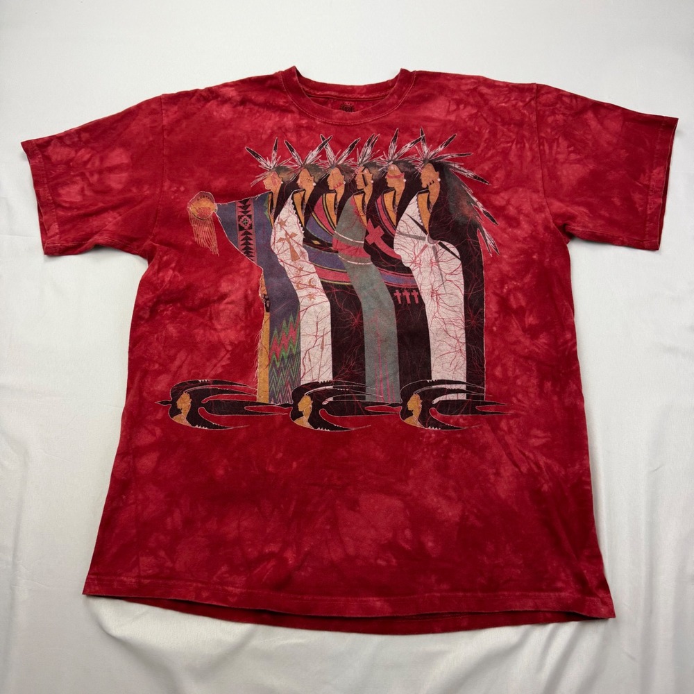 The Mountain Graphic T-Shirt Mens Large Red Tie Dye Indigenous Art Short Sleeve